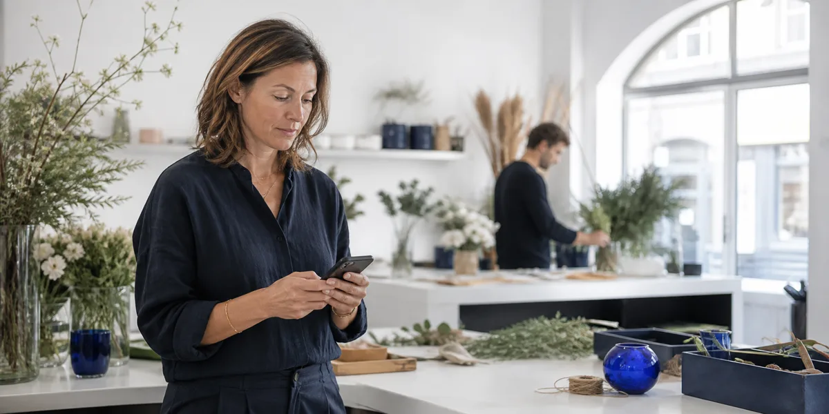 Eine Unternehmerin nutzt ein Smartphone in ihrem Arbeitsalltag