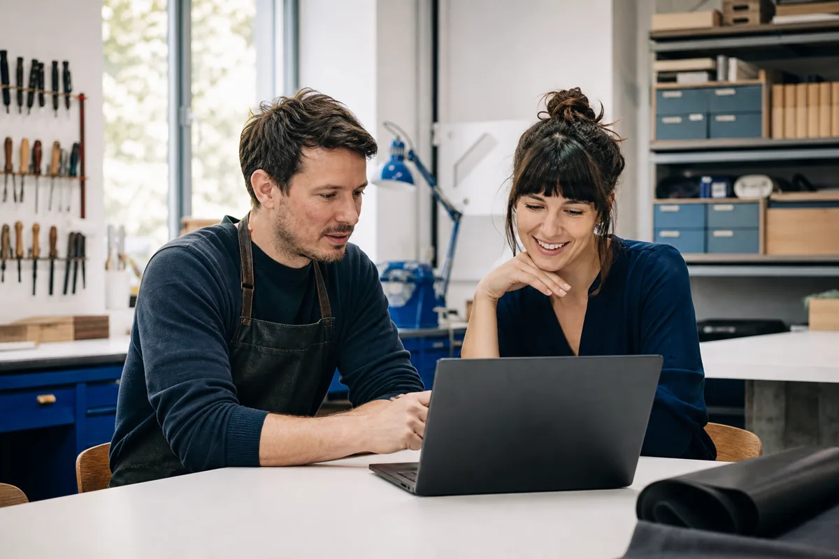 Gemeinsame Arbeit an einem Laptop in einer hellen Werkstatt