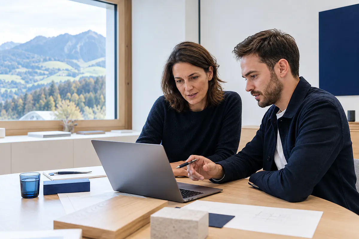 Zwei Personen prüfen gemeinsam den Stand eines digitalen Projekts